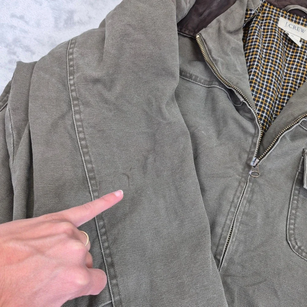 J Crew Mens Barn Jacket XL Olive Drab Canvas Leather Collar Plaid Field Coat